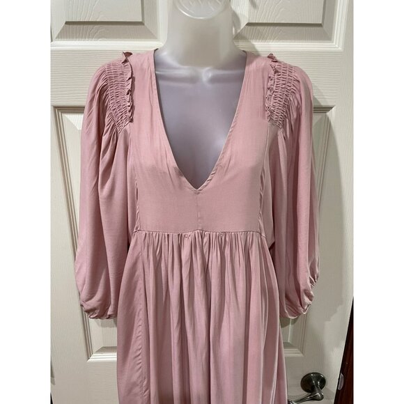 New Mustard Seed Pink Midi Dress With Puff Sleeves & Smocked Shoulders  Size S P - Picture 6 of 10